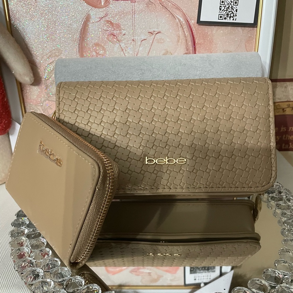bebe Beige Woven Crossbody Wallet Set